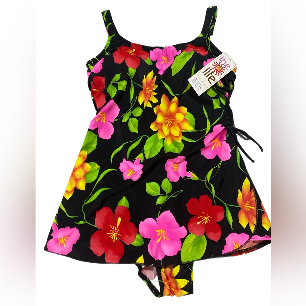 Women’s Tummy Slimmer Life By T.H.E. Black Floral One Piece Swimsuit Plus‎ Sz 20